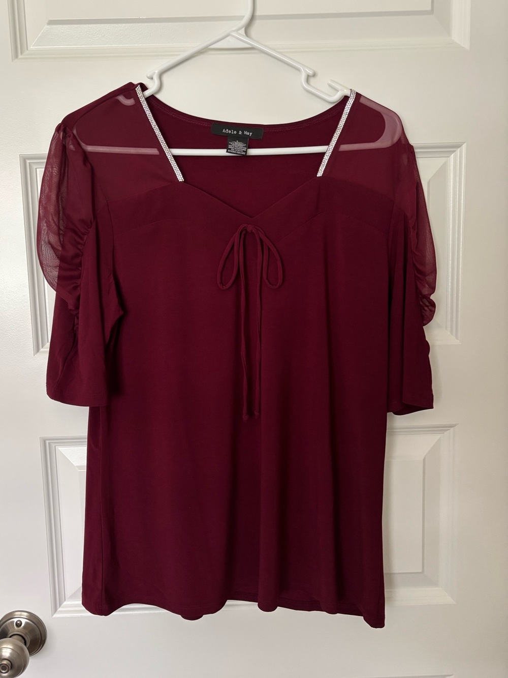 Burgundy Short Sleeve Blouse with rhinestone accents